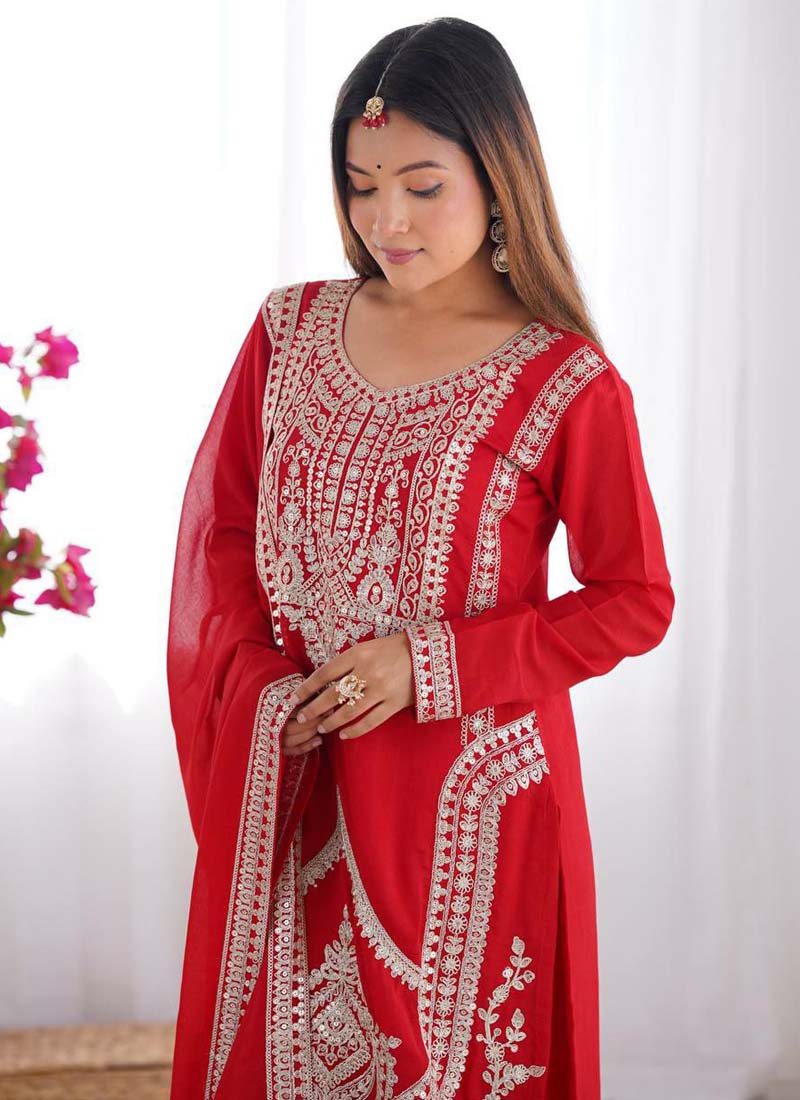 Prazu Fashion Red Vichitra Silk Embroidered Salwar Suit