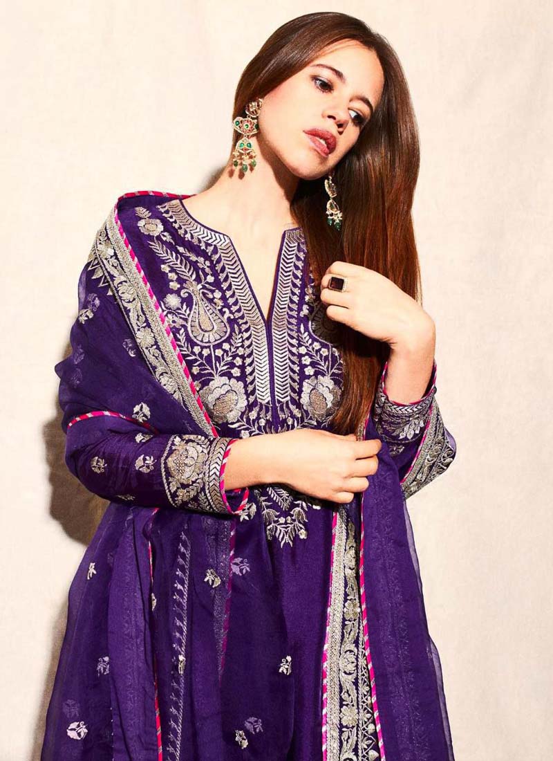 Prazu Fashion Violet Blue Chinon Silk Embroidered Palazzo Suit