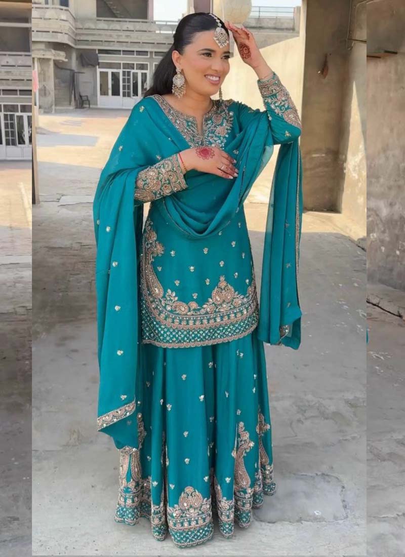 Prazu Fashion Turquoise Chinon Silk Embroidered Palazzo Suit
