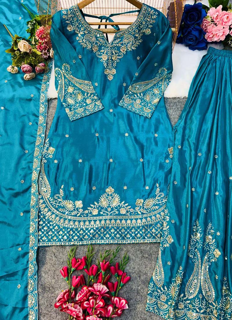 Prazu Fashion Turquoise Chinon Silk Embroidered Palazzo Suit