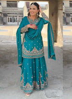 Thumbnail for Prazu Fashion Turquoise Chinon Silk Embroidered Palazzo Suit