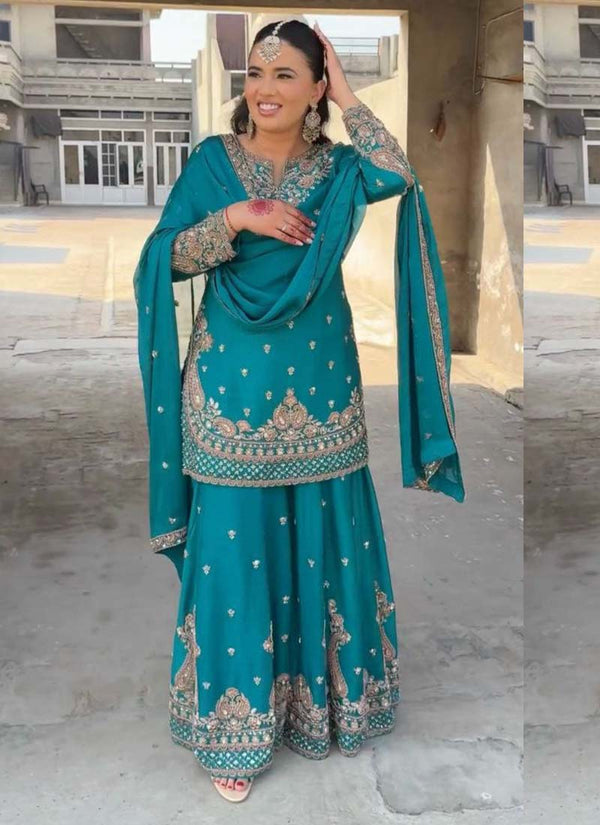 Prazu Fashion Turquoise Chinon Silk Embroidered Palazzo Suit