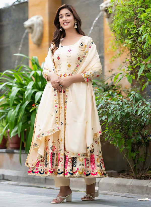 Prazu Fashion Cream Chinon Silk Embroidered Anarkali Suit