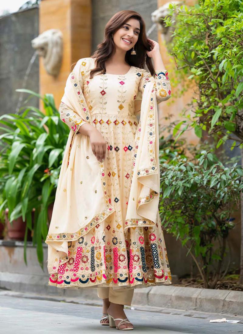 Prazu Fashion Cream Chinon Silk Embroidered Anarkali Suit