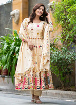 Thumbnail for Prazu Fashion Cream Chinon Silk Embroidered Anarkali Suit