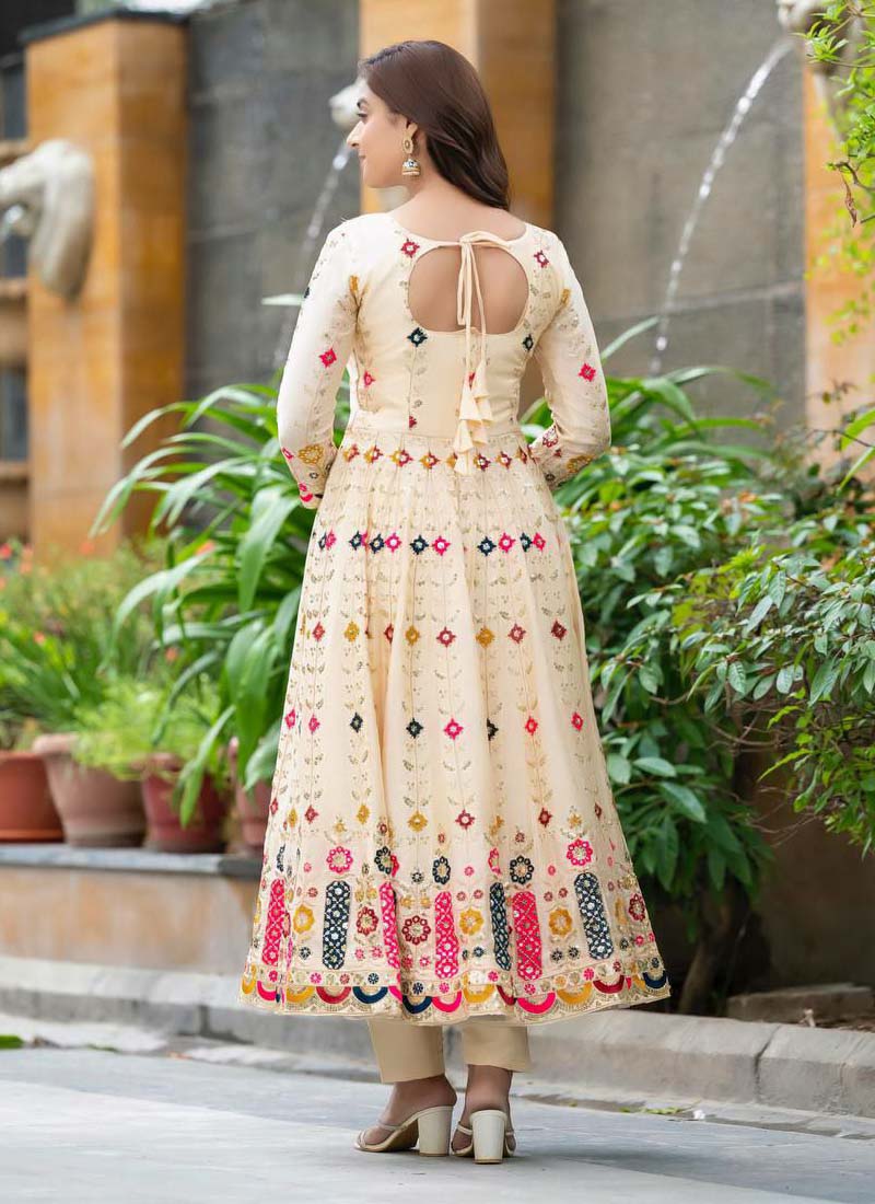Prazu Fashion Cream Chinon Silk Embroidered Anarkali Suit