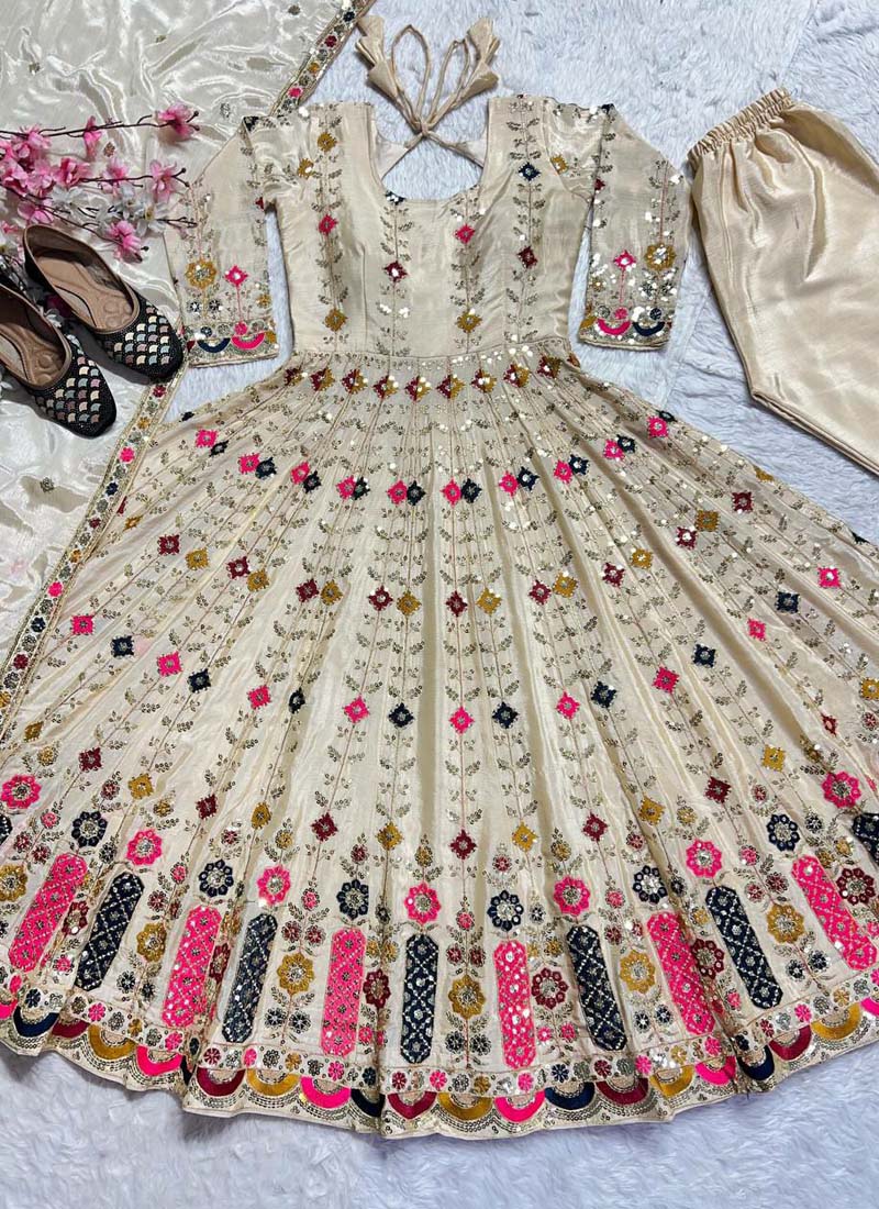 Prazu Fashion Cream Chinon Silk Embroidered Anarkali Suit