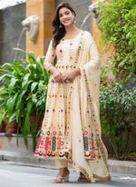 Thumbnail for Prazu Fashion Cream Chinon Silk Embroidered Anarkali Suit