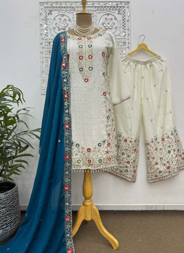 Prazu Fashion Off White Chinon Silk Embroidered Palazzo Suit