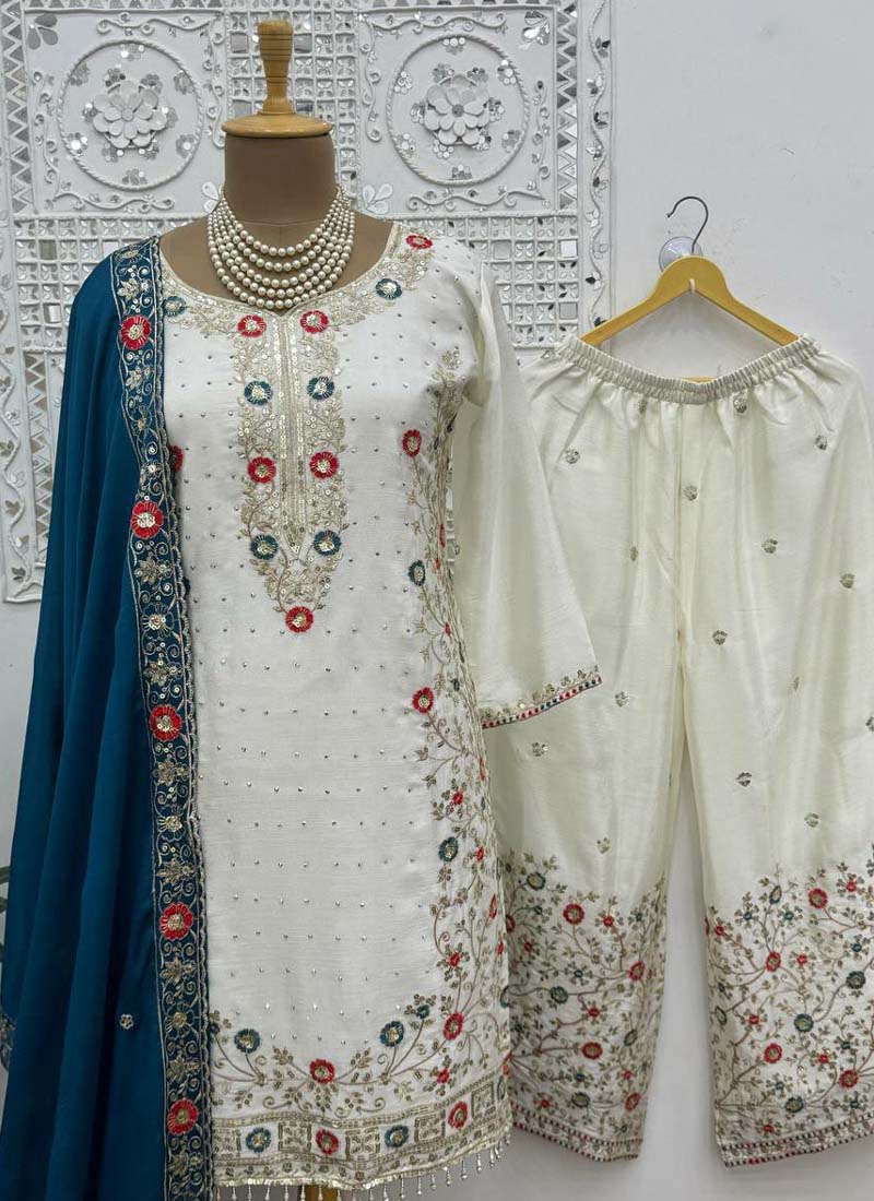 Prazu Fashion Off White Chinon Silk Embroidered Palazzo Suit