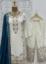 Thumbnail for Prazu Fashion Off White Chinon Silk Embroidered Palazzo Suit