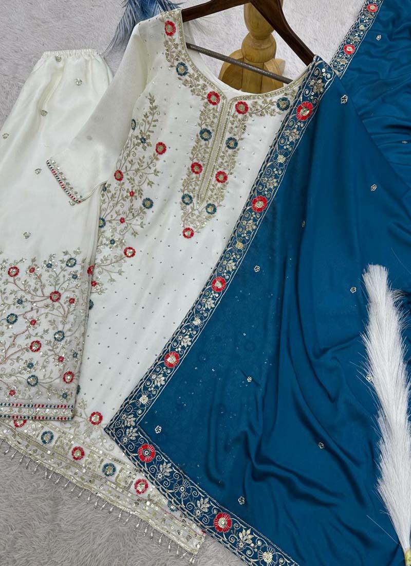 Prazu Fashion Off White Chinon Silk Embroidered Palazzo Suit