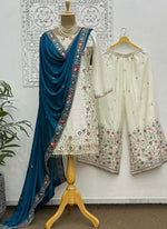 Thumbnail for Prazu Fashion Off White Chinon Silk Embroidered Palazzo Suit