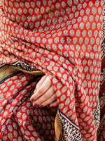 Thumbnail for Zibaa Hand-Blocked Pure Maheshwari Silk Red Saree - Small Motifs