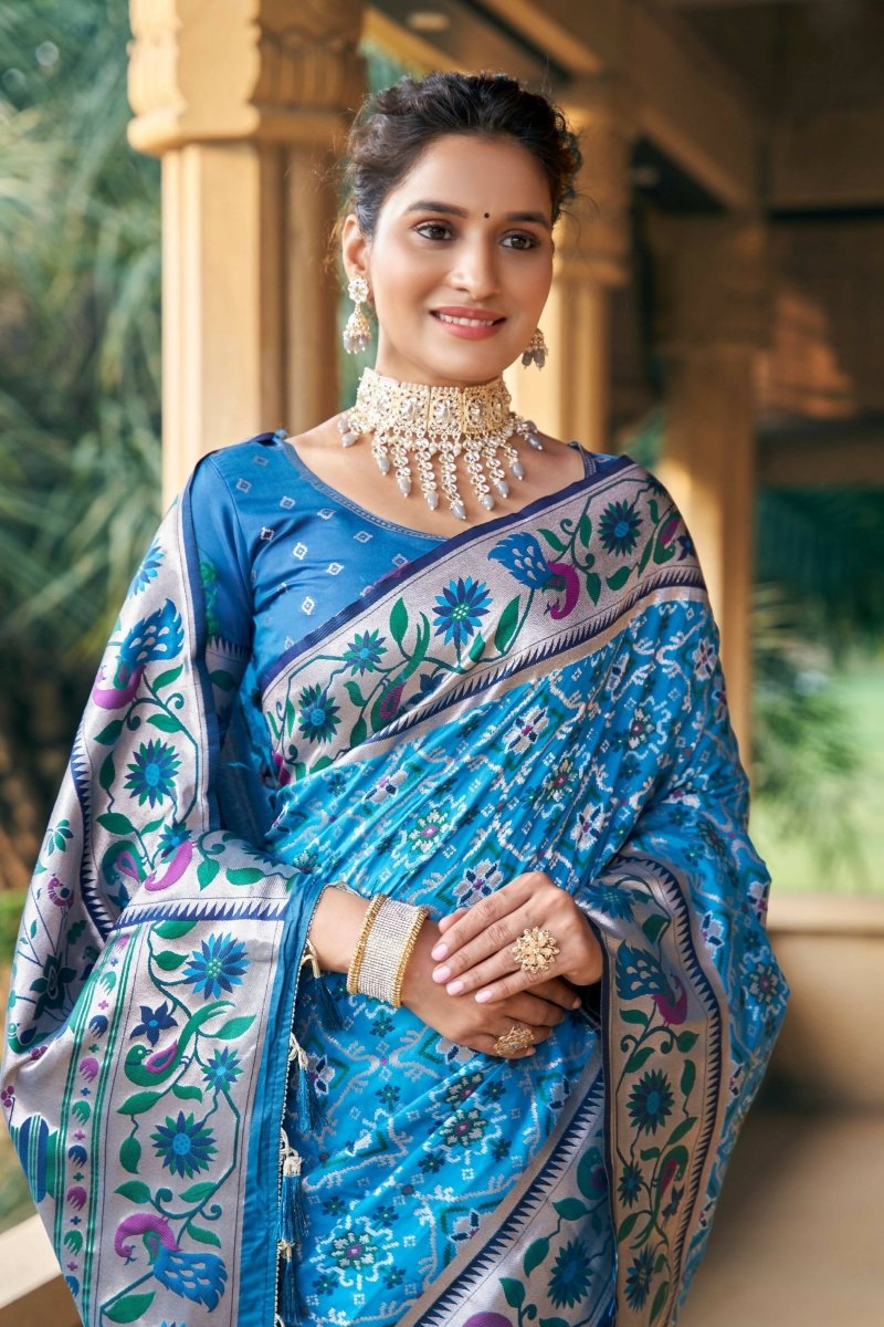 Aastha Fashion Teal Woven Patola Silk Saree with Blouse - Distacart
