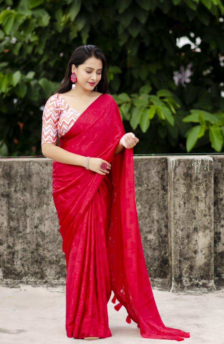 Red Silk Blend Ethnic Motifs Saree with Unstitched Blouse - A2M