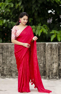Thumbnail for Red Silk Blend Ethnic Motifs Saree with Unstitched Blouse - A2M