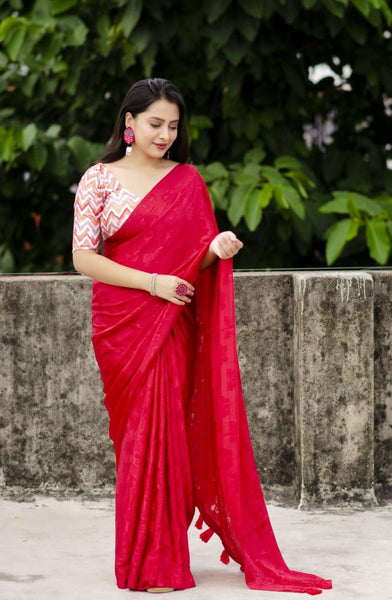Red Silk Blend Ethnic Motifs Saree with Unstitched Blouse - A2M