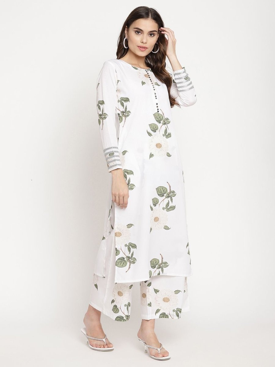 Ahalyaa Women's White Crepe Digital Print Kurta Palazzo Set With Dupatta