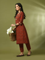 Thumbnail for Myshka Women's Rust Printed Cotton Straight Party Kurta Set - Distacart