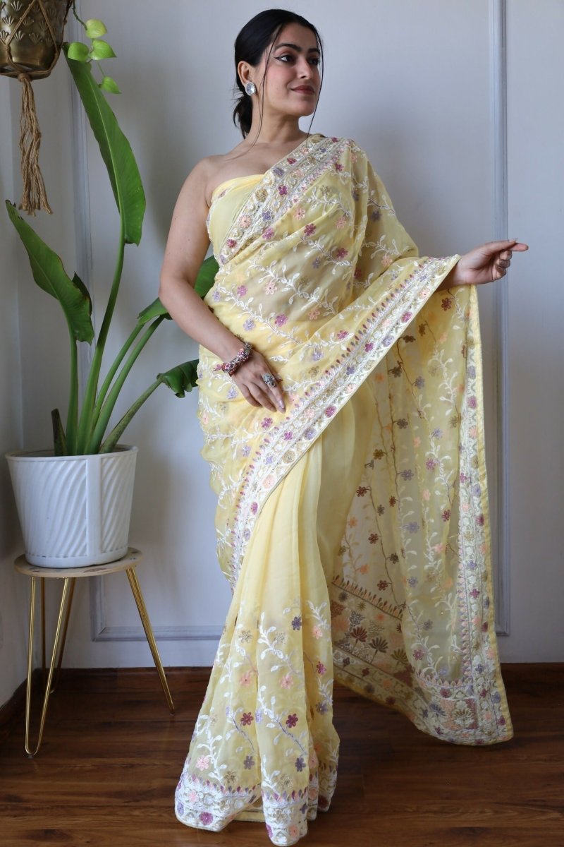 Aastha Fashion Yellow Heavy Soft Organza Beautiful multicolor thread chain embroidery work with diamond work Saree