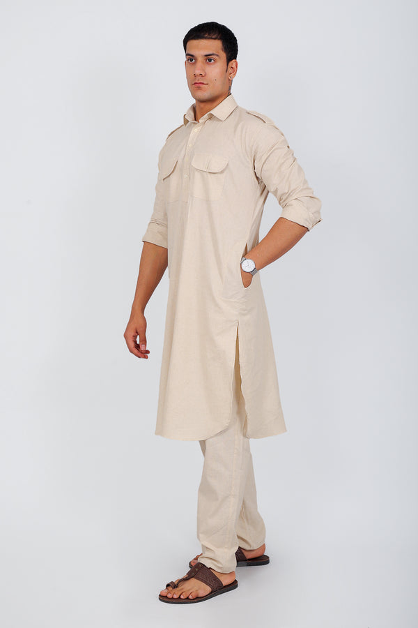 Bluesaanchi Men's Pathani Cream Color Kurta With Trouser Pant - Distacart