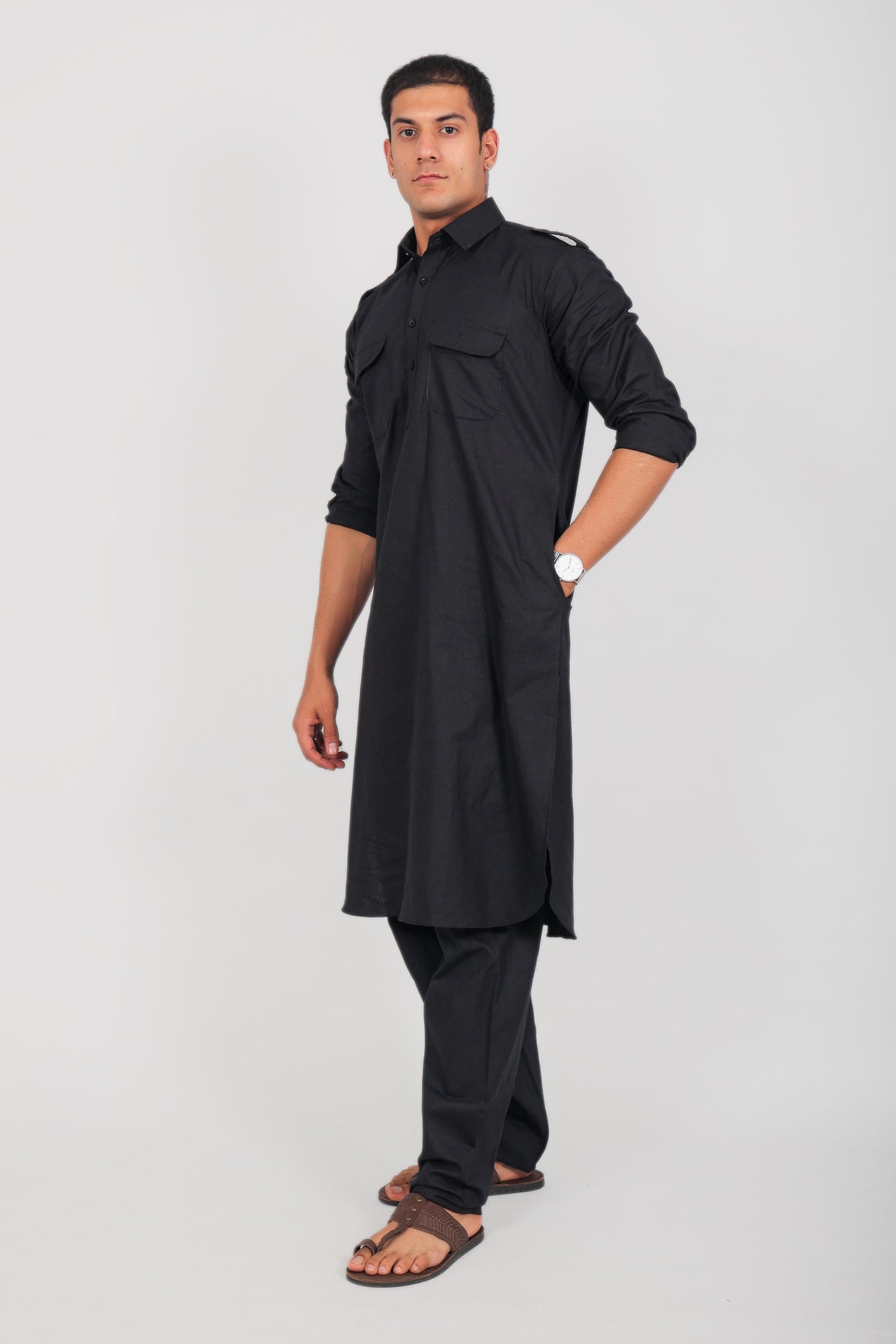 Bluesaanchi Men's Pathani Black Color Kurta With Trouser Pant