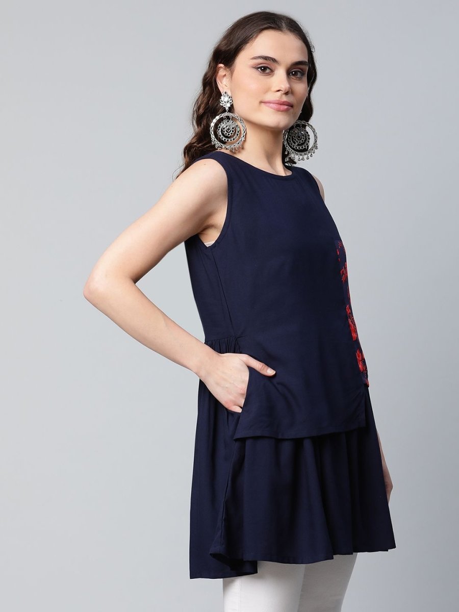Ahalyaa Women Navy Blue Rayon Printed Tunic - Distacart
