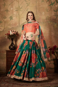 Thumbnail for Aastha Fashion Women's Refreshing Dark Green Floral Print Organza Silk Wedding Lehenga Choli With Orange Blouse - Distacart