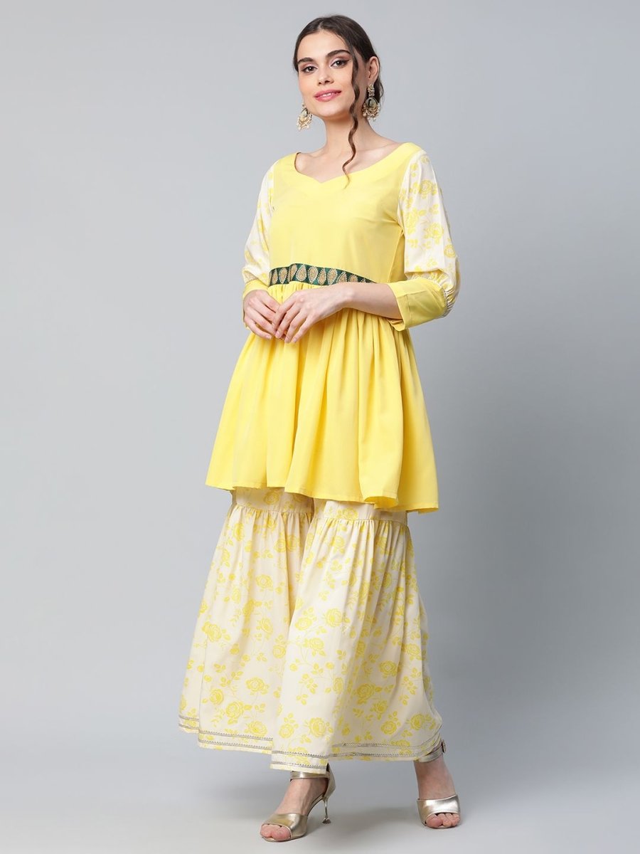 Ahalyaa Women Yellow Crepe Floral Short Kurta with Sharara Set - Distacart