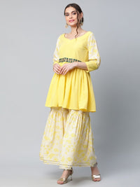 Thumbnail for Ahalyaa Women Yellow Crepe Floral Short Kurta with Sharara Set - Distacart