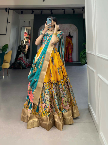 Vastranavya Kalamkari Print With Weaving Border Lehenga with Unstitched Blouse - Yellow