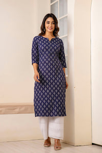 Thumbnail for Women Navy Blue Printed Straight Kurta with Three Quarter Sleeves - Rasiya