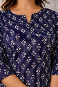 Thumbnail for Women Navy Blue Printed Straight Kurta with Three Quarter Sleeves - Rasiya