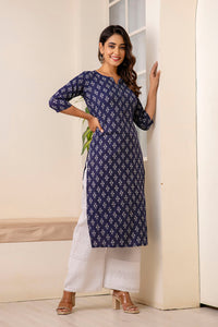 Thumbnail for Women Navy Blue Printed Straight Kurta with Three Quarter Sleeves - Rasiya