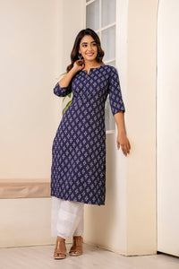 Thumbnail for Women Navy Blue Printed Straight Kurta with Three Quarter Sleeves - Rasiya