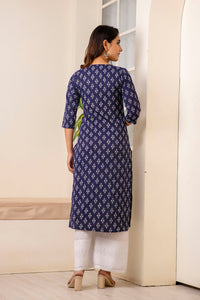 Thumbnail for Women Navy Blue Printed Straight Kurta with Three Quarter Sleeves - Rasiya