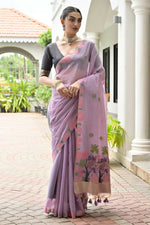 Thumbnail for Vishnu Weaves Women's Lavender Muga Cotton Thread Weaving Saree with Blouse