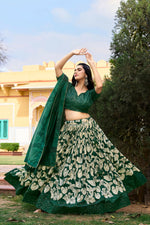 Thumbnail for Vastranavya Ethnic Look Tussar Silk Floral Printed With Foil Work Indian Lehenga Choli - Green - Distacart