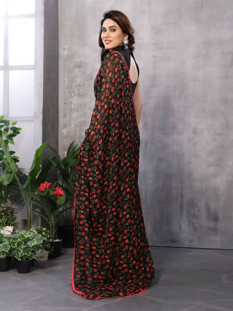 Partywear Designer Black & Red Georgette Fancy Saree - Satrangi - Distacart