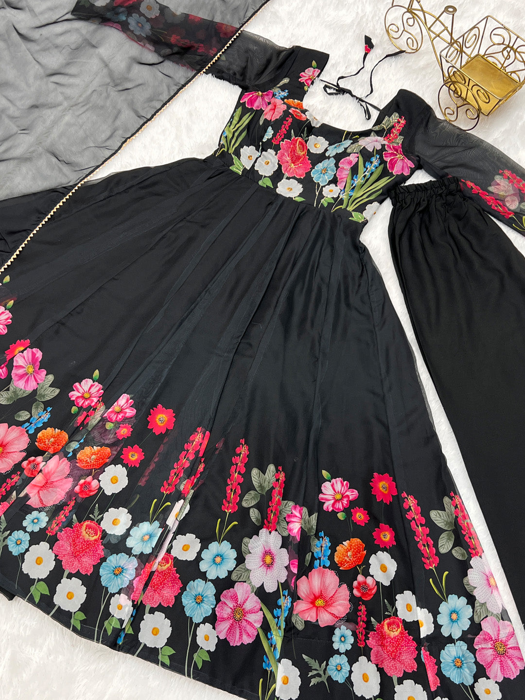 Evanik Black Soft Organza Silk With Floral Print Fully Flared Anarkali Pant With Dupatta Set