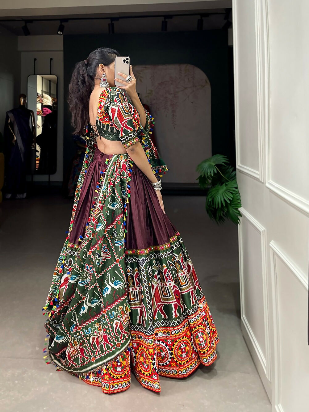 Vastranavya Traditional Patola Print With Gamthi & Mirror Work Lehenga Choli - Brown - Distacart