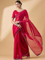 Thumbnail for Pink Organza Swaroski Diamond Work Saree with Unstitched Blouse - Radha - Distacart