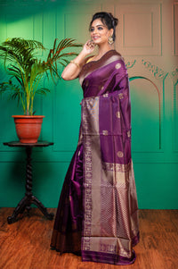 Thumbnail for Women Indigo Purple Soft Silk Saree With Golden Zari Border And Pallu - Aanika