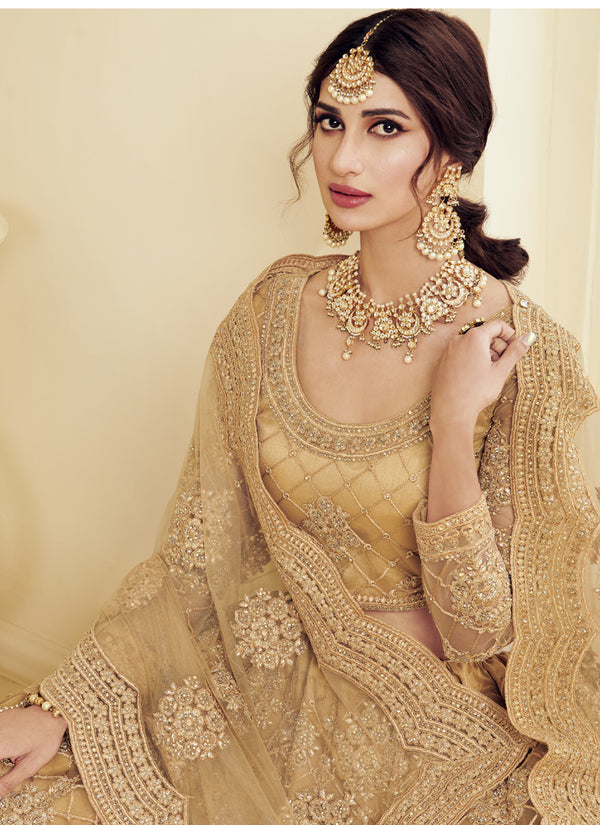 Vegaa Fashion Beige Net Embroidered Wedding Lehenga