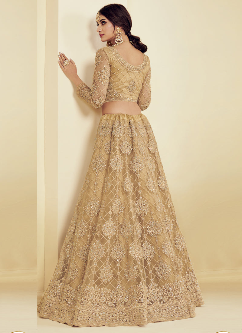 Vegaa Fashion Beige Net Embroidered Wedding Lehenga