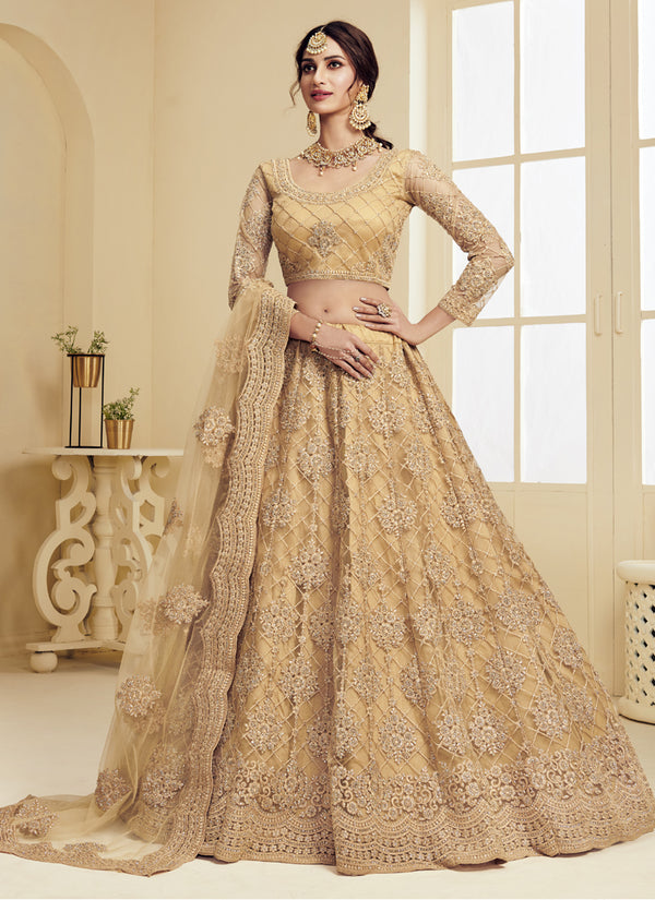 Vegaa Fashion Beige Net Embroidered Wedding Lehenga