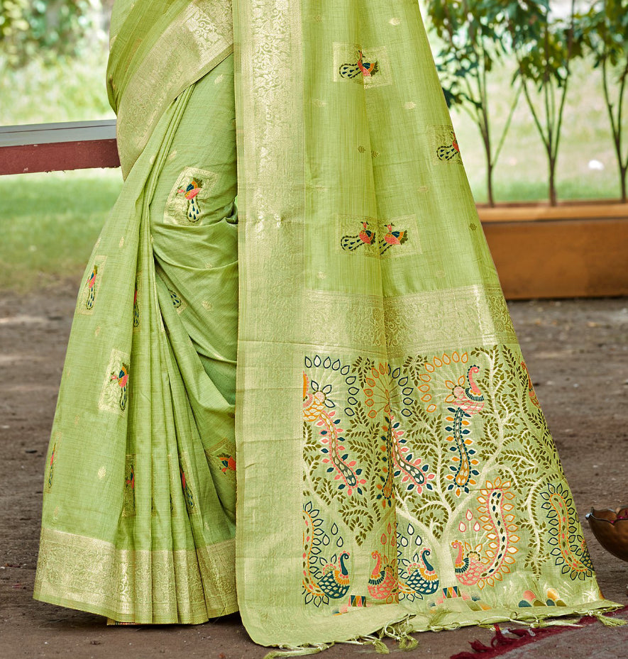 Sangam Prints Green Heavy Assam Silk Saree With Meena Woven Work Traditional Saree