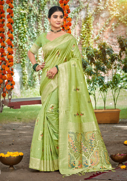 Sangam Prints Green Heavy Assam Silk Saree With Meena Woven Work Traditional Saree