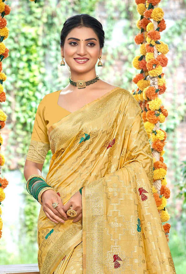 Sangam Prints Mustard Heavy Assam Silk Saree With Meena Woven Work Traditional Saree